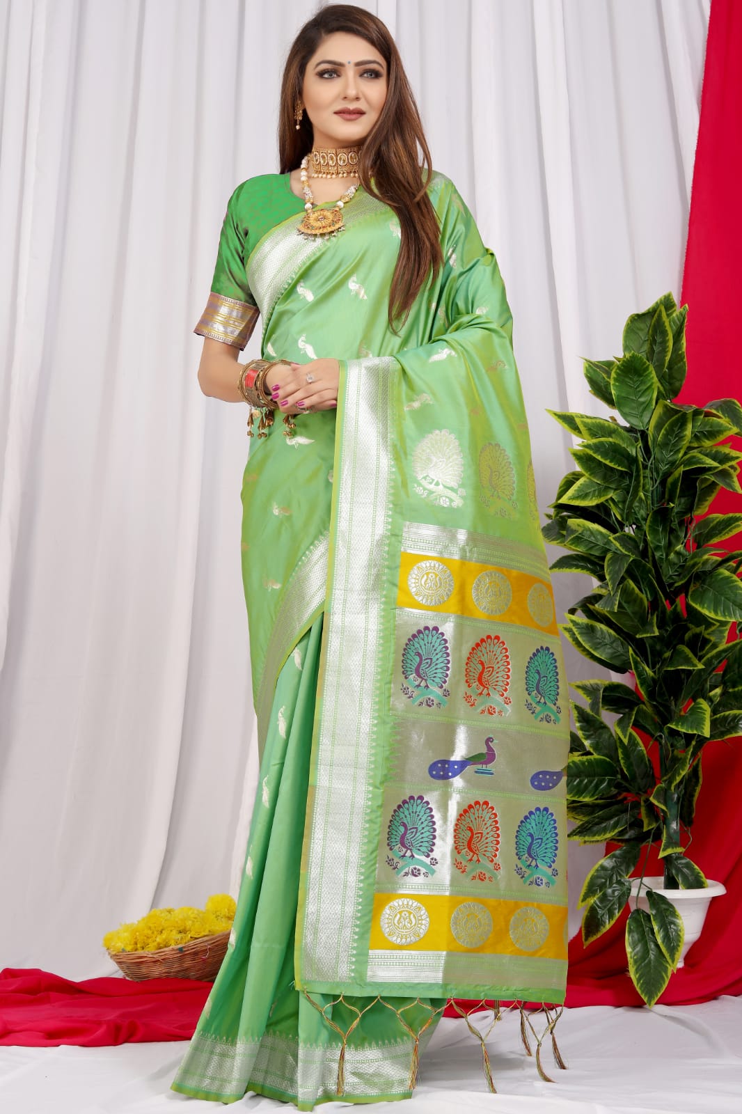 Captivating Pista Pure Paithani Silk Saree With Prodigal Blouse Piece