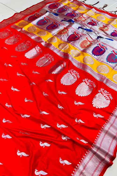 Load image into Gallery viewer, Ravishing Red Pure Paithani Silk Saree With Prodigal Blouse Piece
