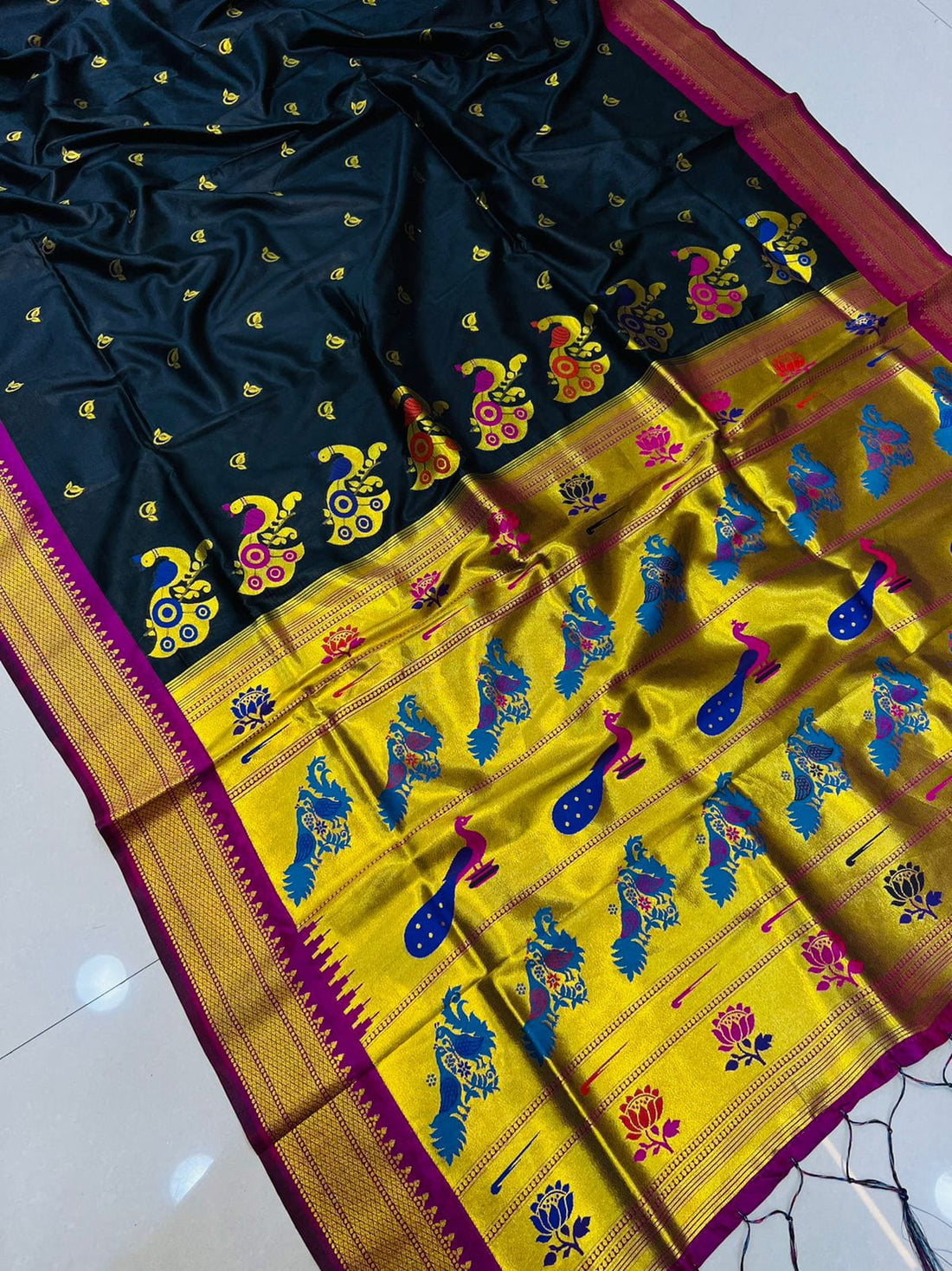 Desirable Black Pure Paithani Silk Saree With Splendorous Blouse Piece