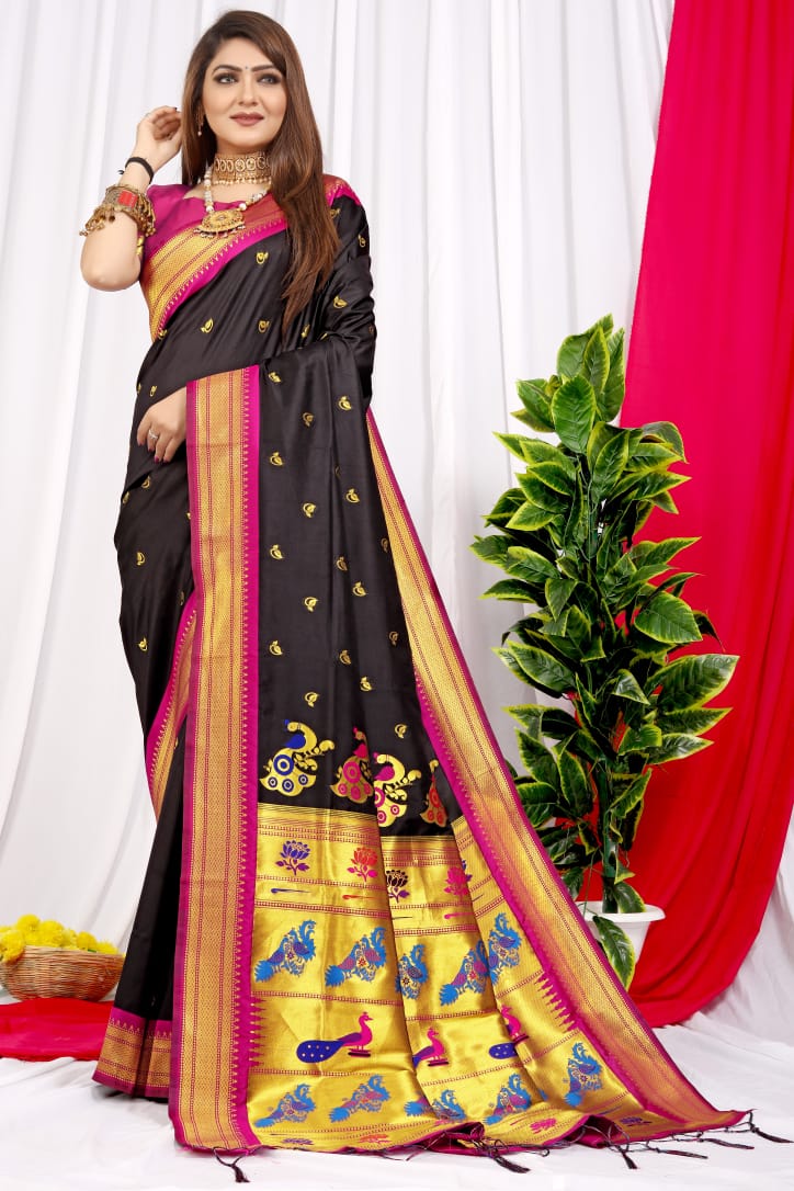 Desirable Black Pure Paithani Silk Saree With Splendorous Blouse Piece