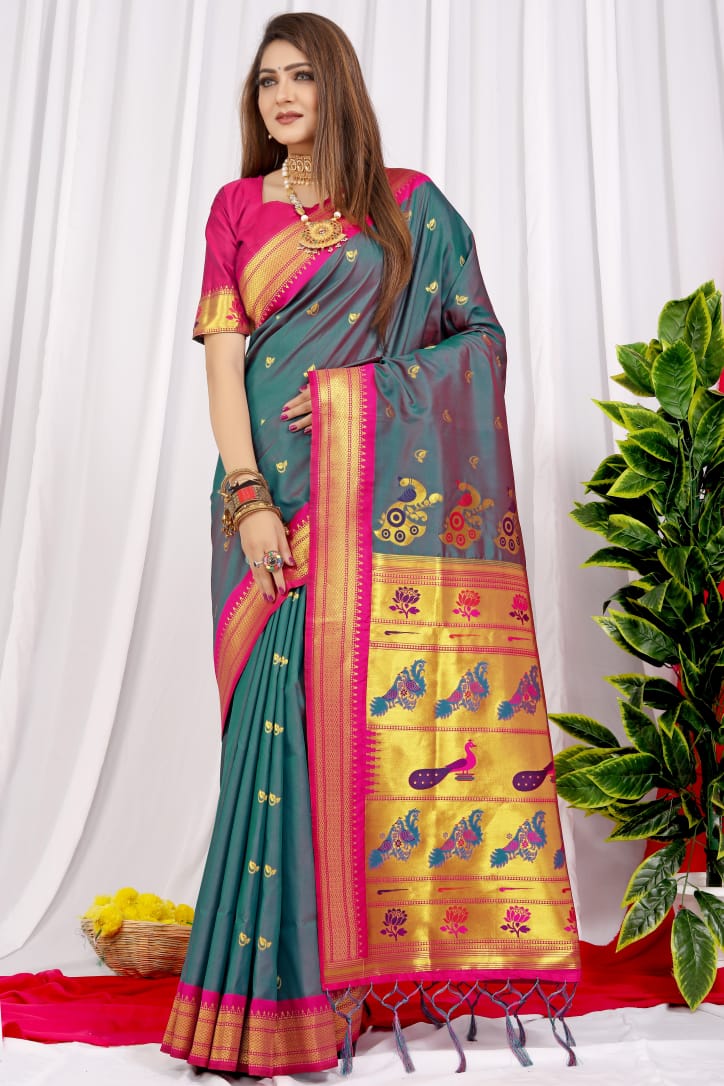 Bewitching Grey Pure Paithani Silk Saree With Splendorous Blouse Piece