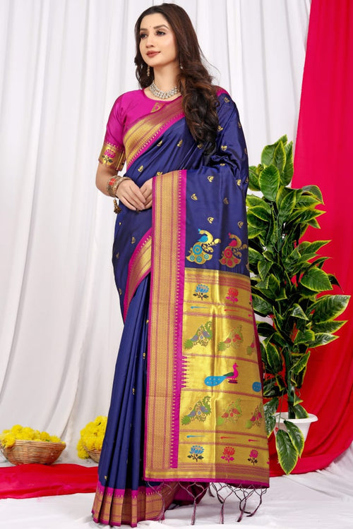 Load image into Gallery viewer, Ailurophile Navy Blue Pure Paithani Silk Saree With Splendorous Blouse Piece

