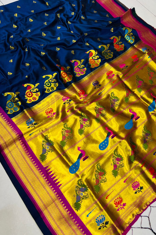 Load image into Gallery viewer, Ailurophile Navy Blue Pure Paithani Silk Saree With Splendorous Blouse Piece
