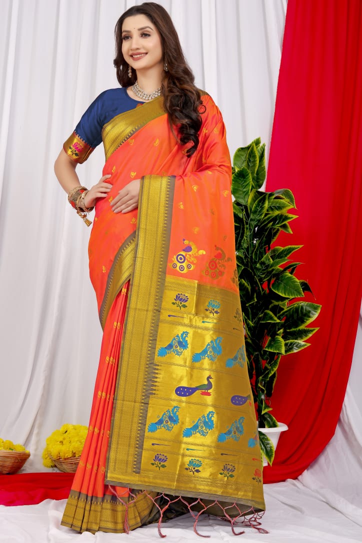 Desuetude Peach Pure Paithani Silk Saree With Splendorous Blouse Piece