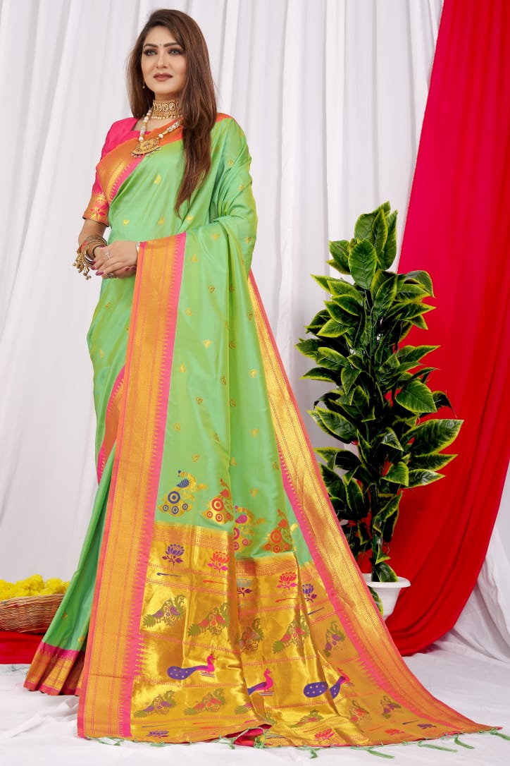 Ebullience Pista Pure Paithani Silk Saree With Splendorous Blouse Piece