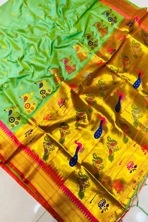 Load image into Gallery viewer, Ebullience Pista Pure Paithani Silk Saree With Splendorous Blouse Piece
