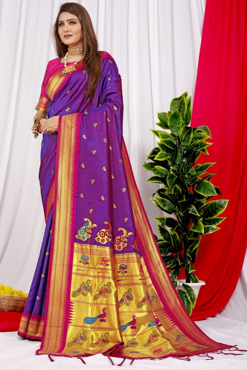 Load image into Gallery viewer, Epiphany Purple Pure Paithani Silk Saree With Splendorous Blouse Piece
