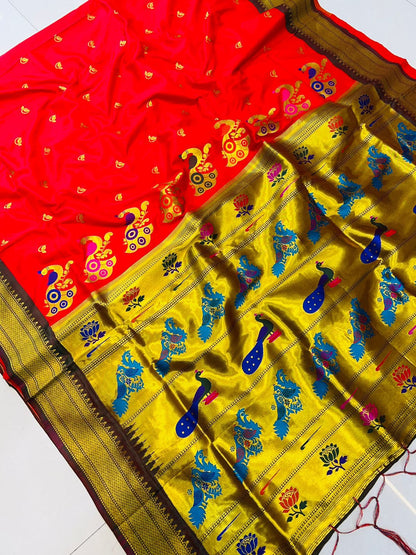 Petrichor Red Pure Paithani Silk Saree With Splendorous Blouse Piece