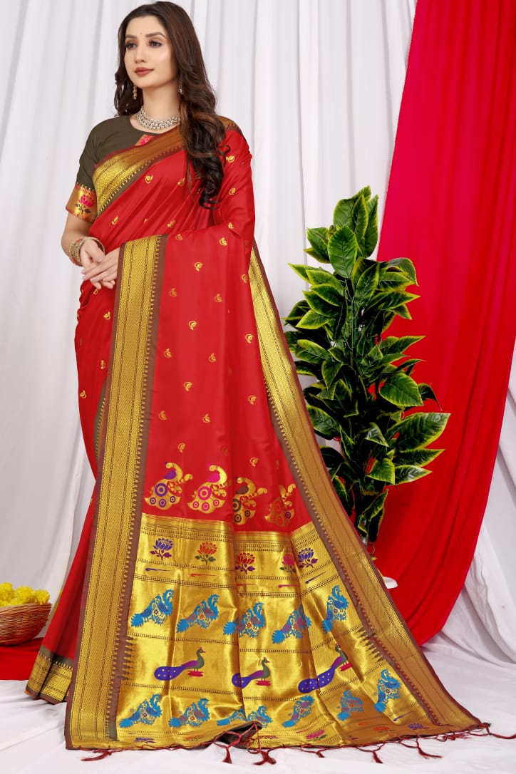 Petrichor Red Pure Paithani Silk Saree With Splendorous Blouse Piece