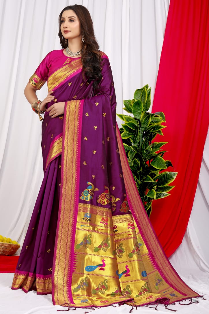 Scintilla Wine Pure Paithani Silk Saree With Splendorous Blouse Piece