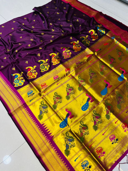 Scintilla Wine Pure Paithani Silk Saree With Splendorous Blouse Piece