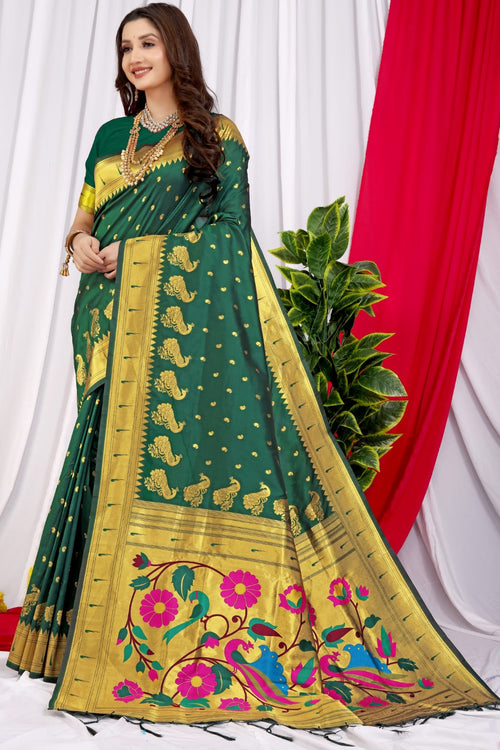 Load image into Gallery viewer, Ailurophile Dark Green Pure Paithani Silk Saree With Jazzy Blouse Piece
