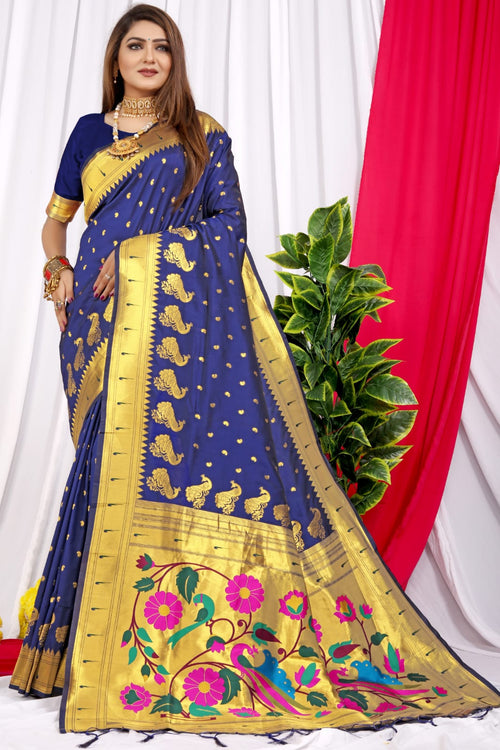 Load image into Gallery viewer, Evocative Navy Blue Pure Paithani Silk Saree With Jazzy Blouse Piece
