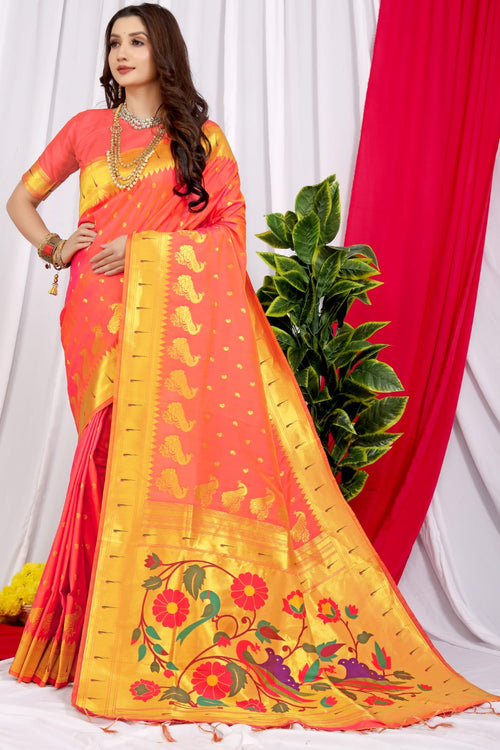 Load image into Gallery viewer, Lassitude Orange Pure Paithani Silk Saree With Jazzy Blouse Piece

