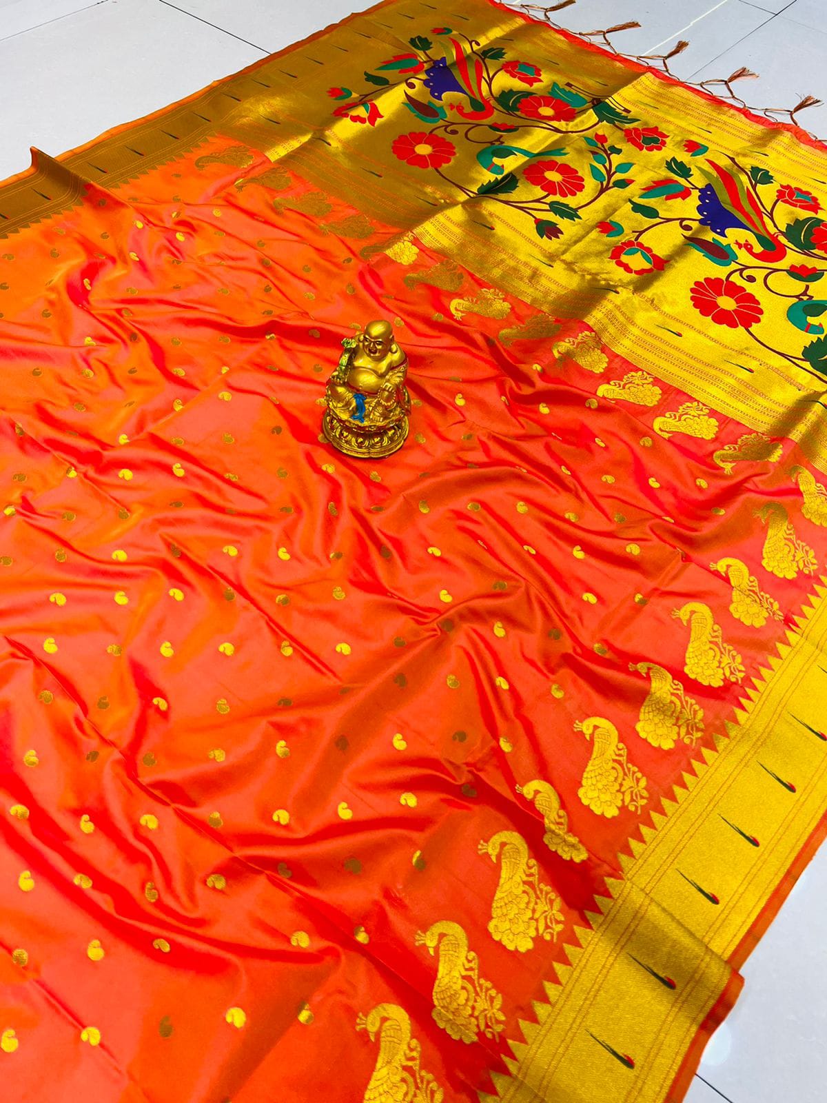 Lassitude Orange Pure Paithani Silk Saree With Jazzy Blouse Piece