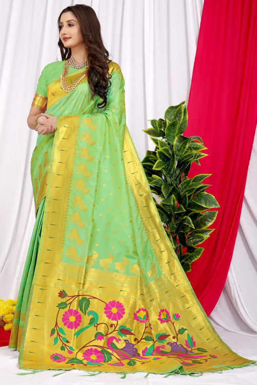 Load image into Gallery viewer, Murmurous Pista Pure Paithani Silk Saree With Jazzy Blouse Piece
