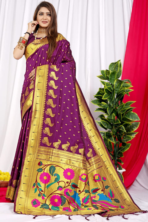 Load image into Gallery viewer, Staggering Purple Pure Paithani Silk Saree With Jazzy Blouse Piece

