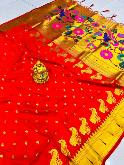 Luxuriant Red Pure Paithani Silk Saree With Jazzy Blouse Piece