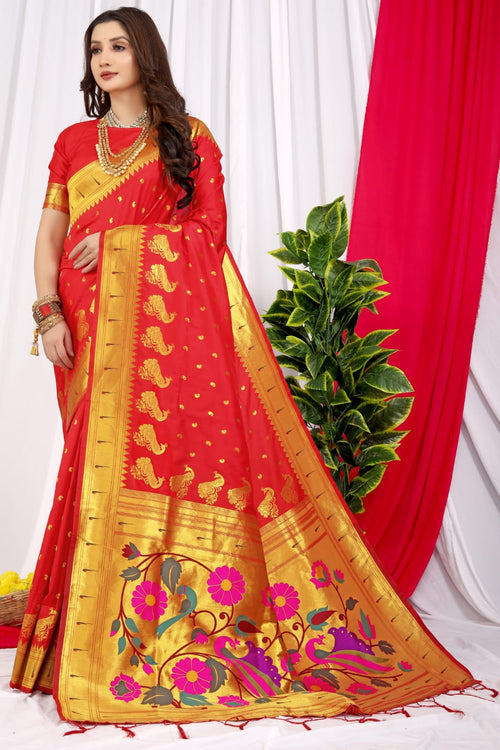 Load image into Gallery viewer, Luxuriant Red Pure Paithani Silk Saree With Jazzy Blouse Piece
