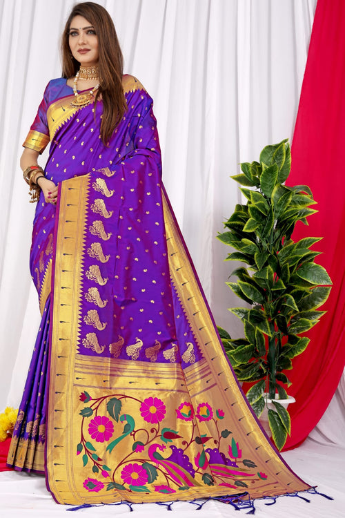 Load image into Gallery viewer, Profuse Royal Blue Pure Paithani Silk Saree With Jazzy Blouse Piece
