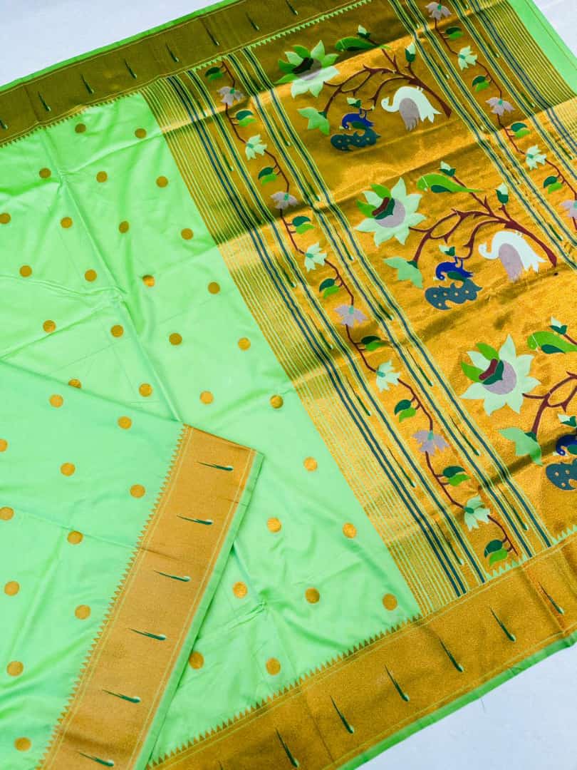 Dazzling Pista Paithani Silk saree With Snappy Blouse Piece