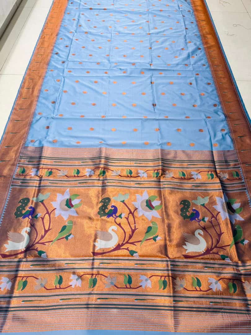 Phenomenal Sky Paithani Silk saree With Snappy Blouse Piece
