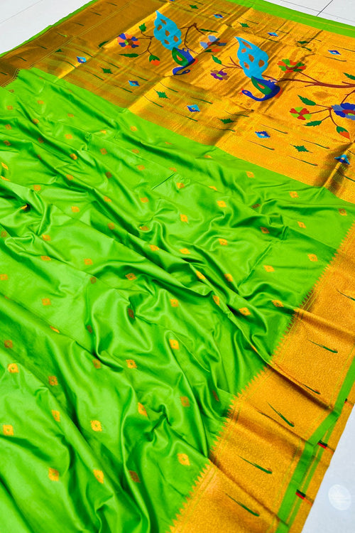 Load image into Gallery viewer, Unique Green Paithani Silk Saree With Invaluable Blouse Piece
