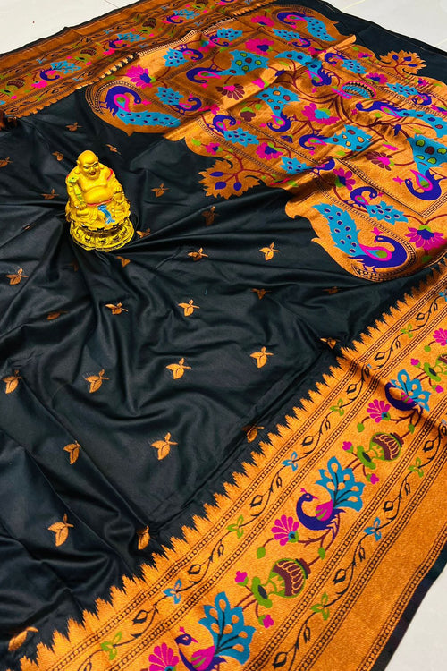 Load image into Gallery viewer, Flaunt Black Paithani Silk Saree With Girlish Blouse Piece
