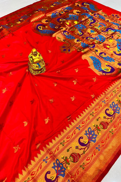 Load image into Gallery viewer, Deserving Red Paithani Silk Saree With Jazzy Blouse Piece

