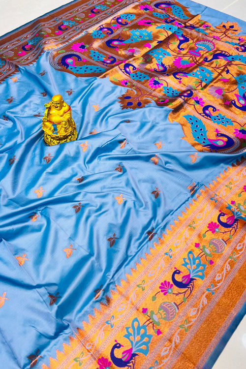 Load image into Gallery viewer, Glowing Sky Paithani Silk Saree With Engrossing Blouse Piece
