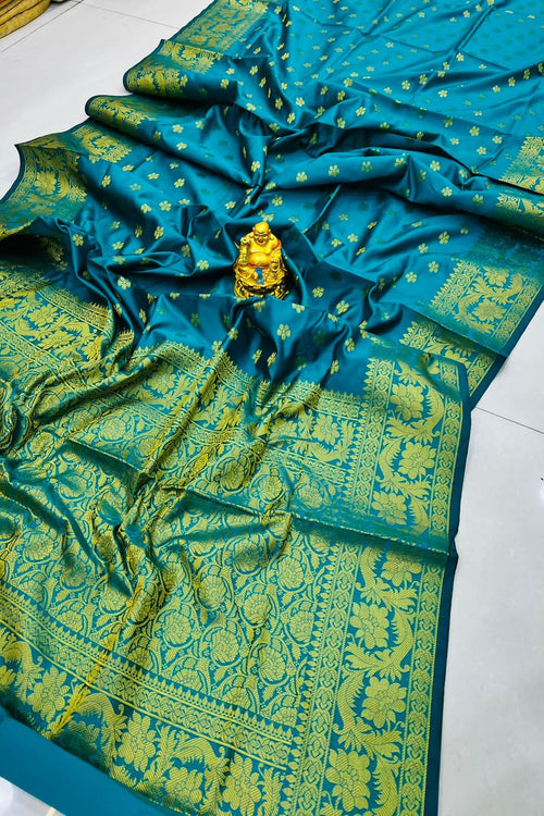 Load image into Gallery viewer, Magnetic Firozi Soft Banarasi Silk Saree With Enchanting Blouse Piece

