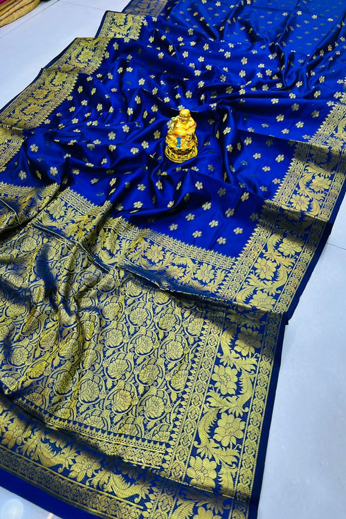 Load image into Gallery viewer, Symmetrical  Navy Blue Soft Banarasi Silk Saree With Enchanting Blouse Piece
