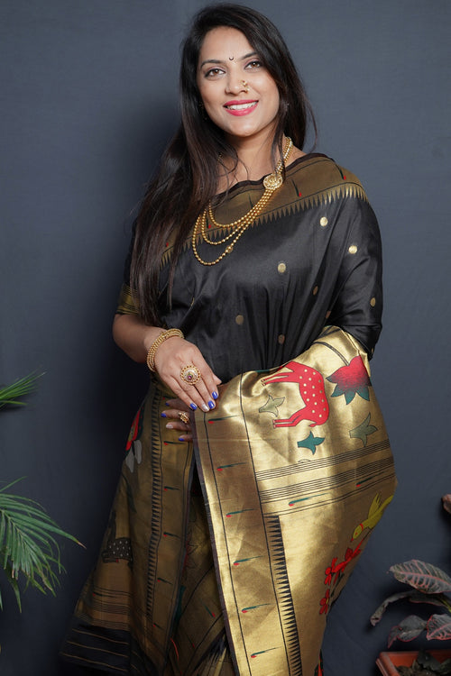 Load image into Gallery viewer, Staggering Black Paithani Silk Saree With Classy Blouse Piece
