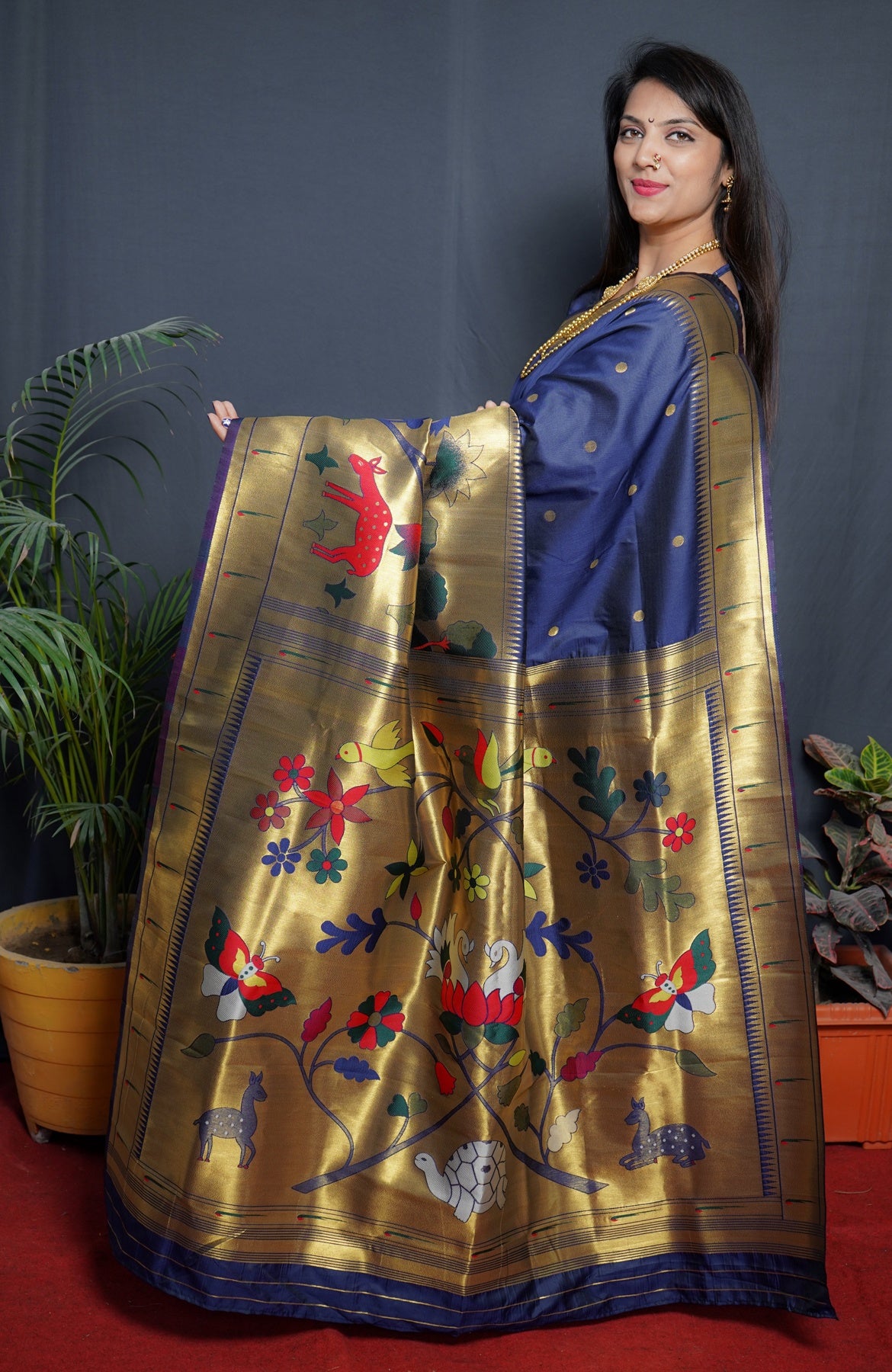 Smashing Navy Blue Paithani Silk Saree With Classy Blouse Piece