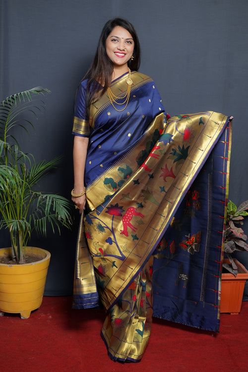 Load image into Gallery viewer, Smashing Navy Blue Paithani Silk Saree With Classy Blouse Piece
