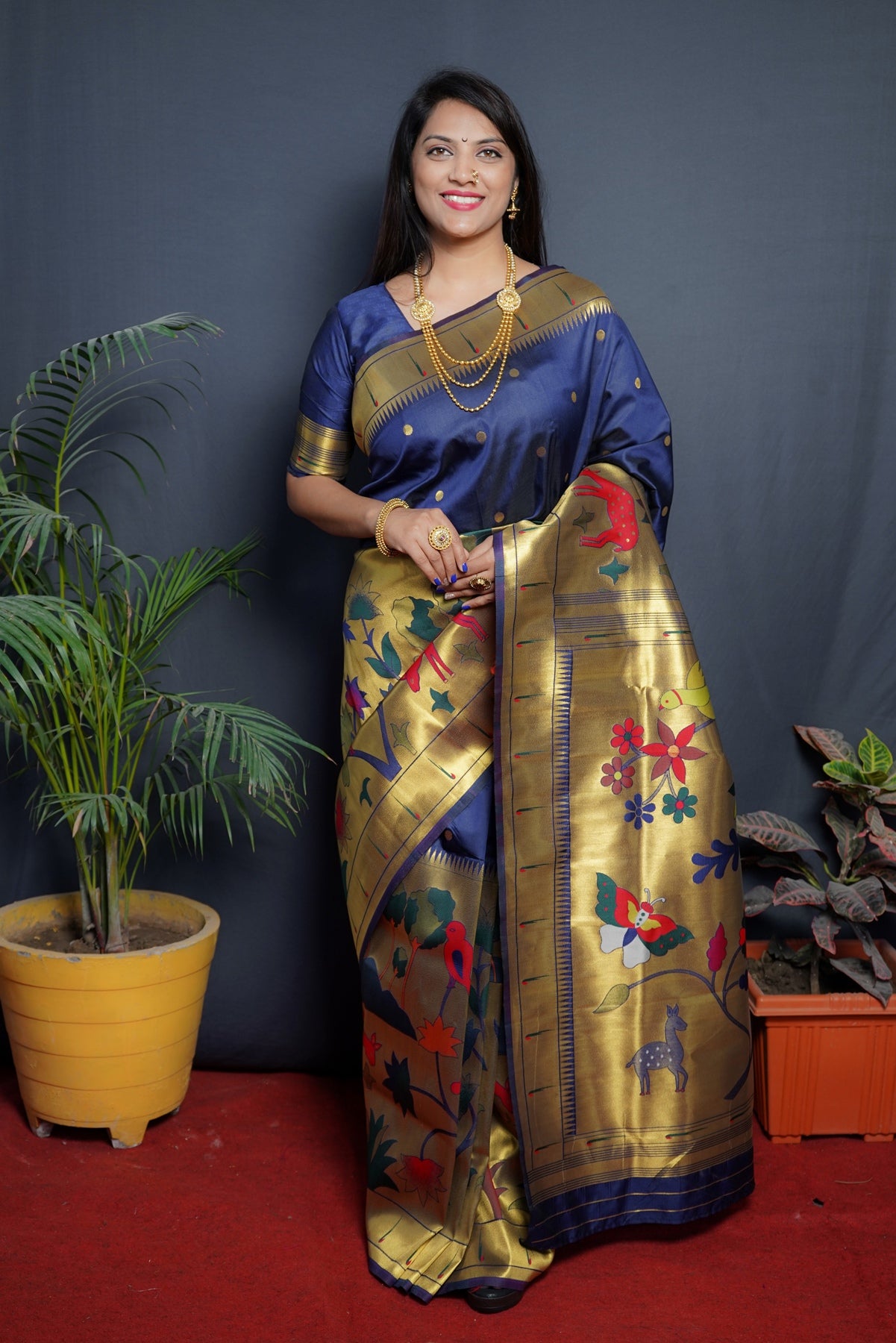 Smashing Navy Blue Paithani Silk Saree With Classy Blouse Piece