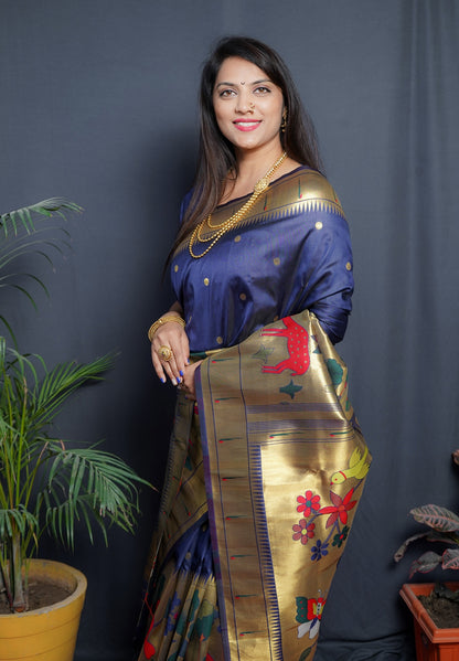 Smashing Navy Blue Paithani Silk Saree With Classy Blouse Piece