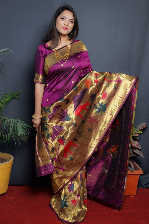 Load image into Gallery viewer, Gratifying Purple Paithani Silk Saree With Classy Blouse Piece
