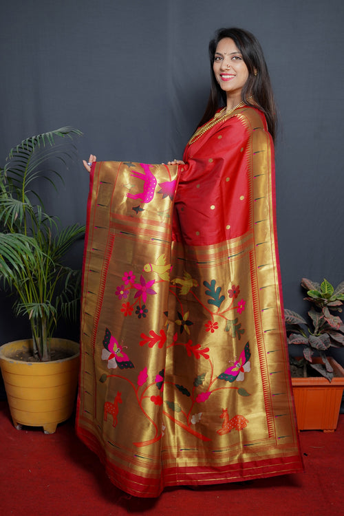 Load image into Gallery viewer, Splendiferous Red Paithani Silk Saree With Classy Blouse Piece
