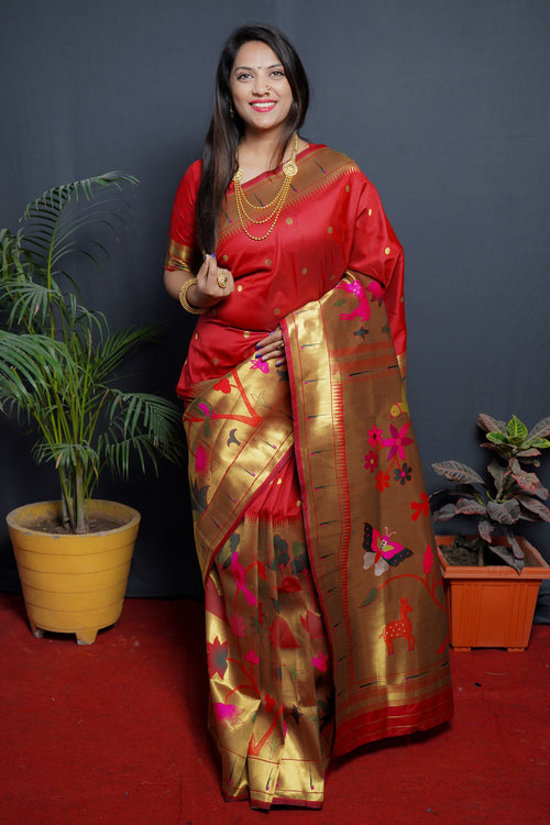 Load image into Gallery viewer, Splendiferous Red Paithani Silk Saree With Classy Blouse Piece
