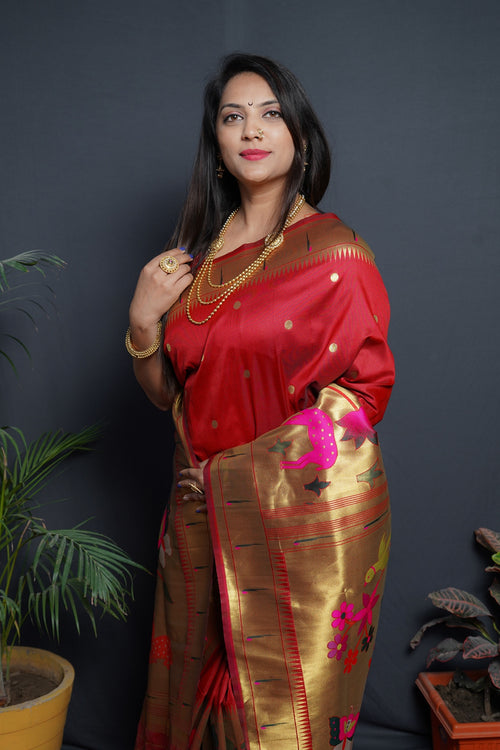 Load image into Gallery viewer, Splendiferous Red Paithani Silk Saree With Classy Blouse Piece
