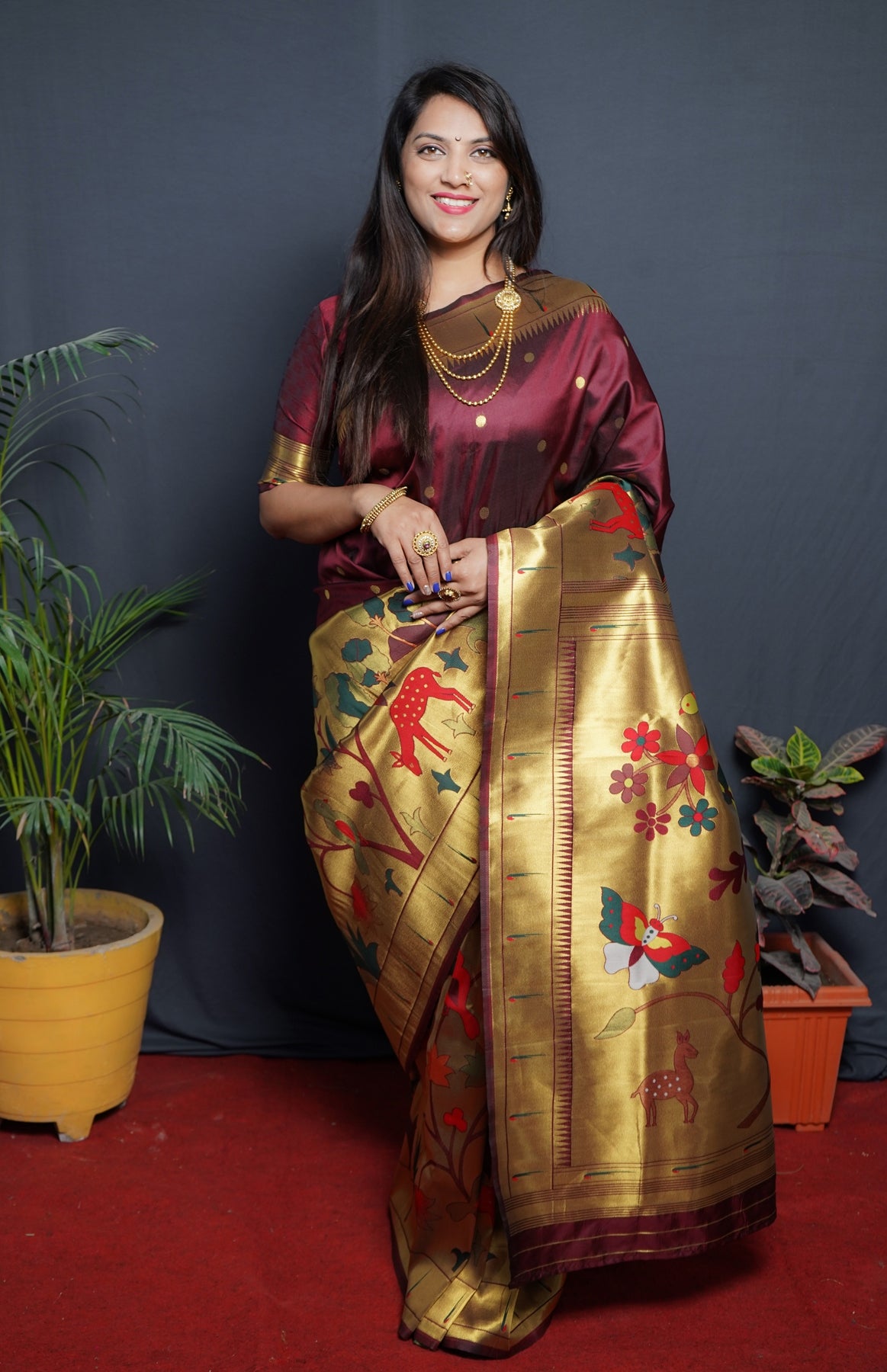 Incredible Wine Paithani Silk Saree With Classy Blouse Piece
