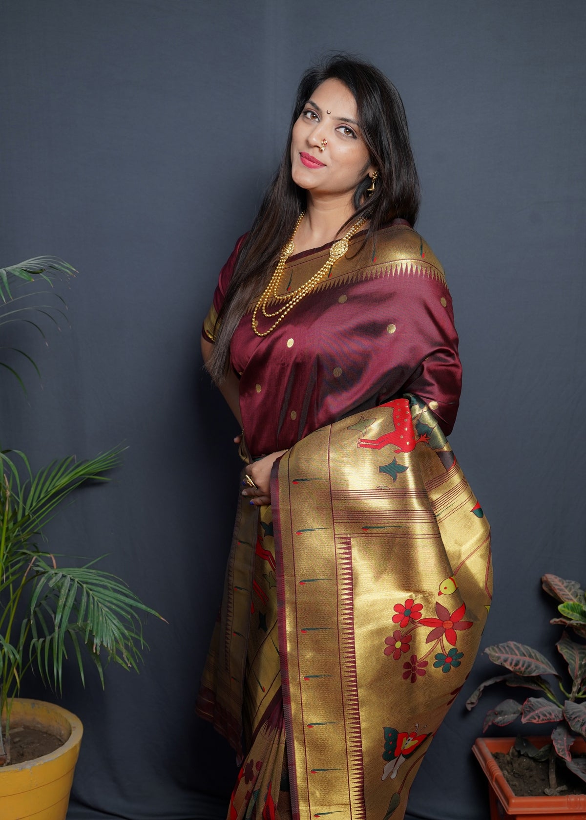 Incredible Wine Paithani Silk Saree With Classy Blouse Piece