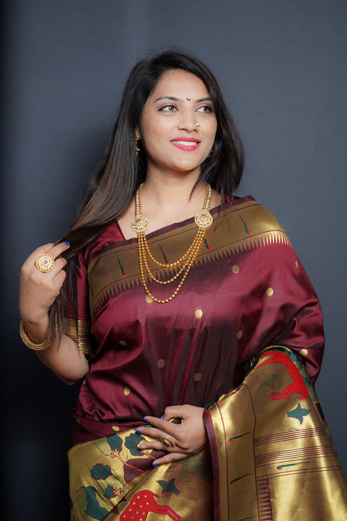 Load image into Gallery viewer, Incredible Wine Paithani Silk Saree With Classy Blouse Piece
