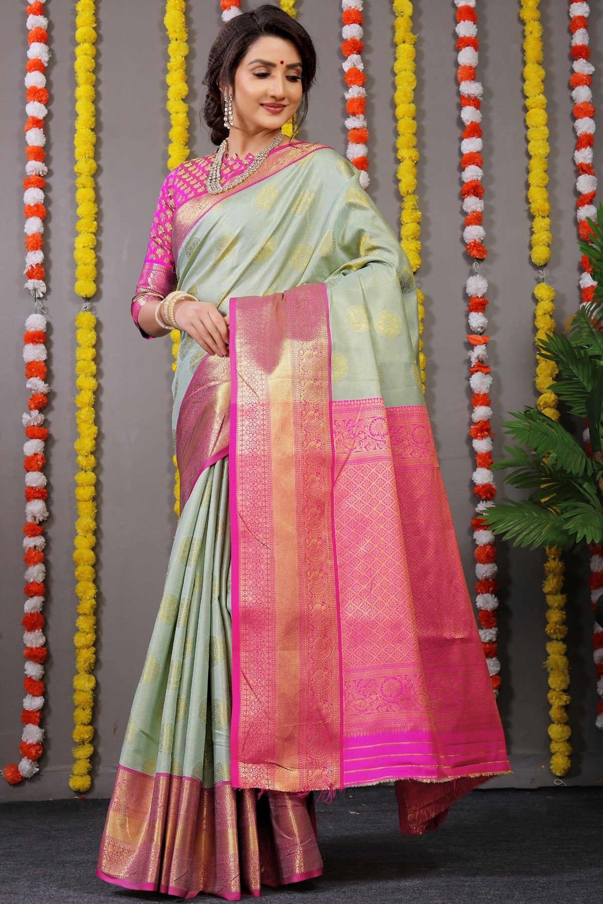 Smashing Pista Kanjivaram Silk With Surpassing Blouse Piece