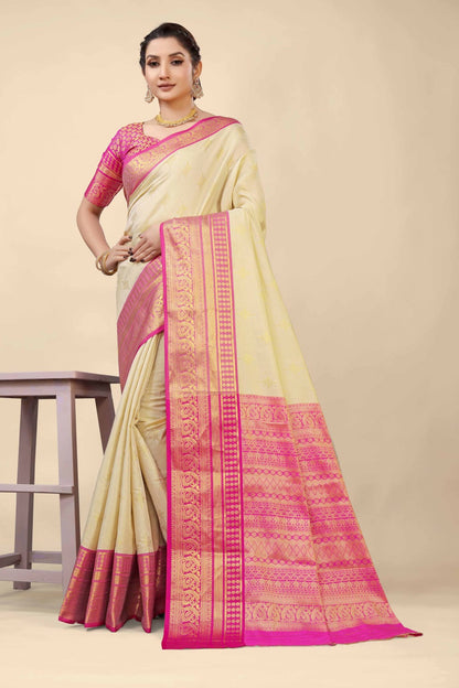 Trendy Beige Kanjivaram Silk With Demure Blouse Piece