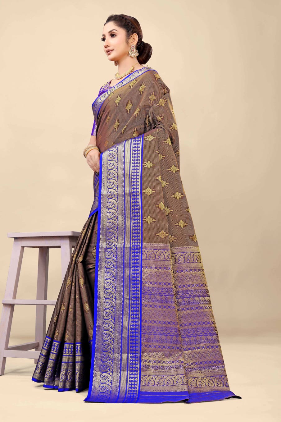 Unique Brown Kanjivaram Silk With Demure Blouse Piece