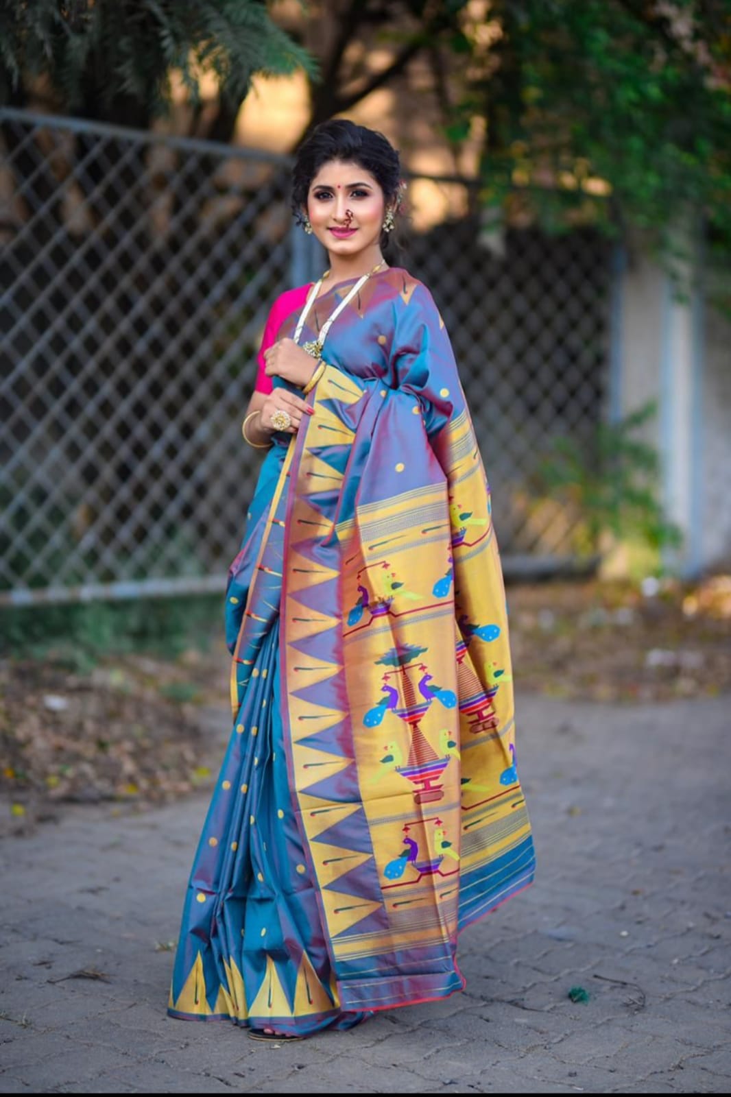 Elaborate Grey Paithani Silk Saree With Energetic Blouse Piece