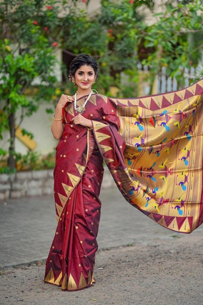 Glittering Maroon Paithani Silk Saree With Energetic Blouse Piece