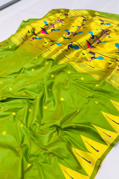 Flattering Mehndi Paithani Silk Saree With Energetic Blouse Piece